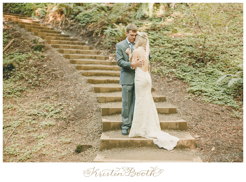 Bride and Groom on Steps in Forest
