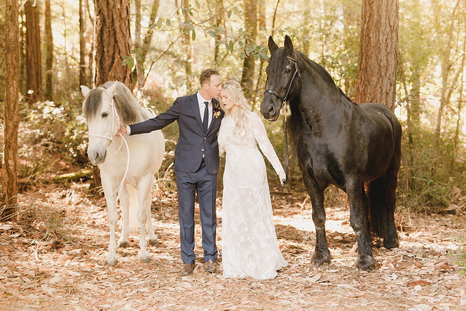 Groom kissing brides forehead standing next to horses in the forest
