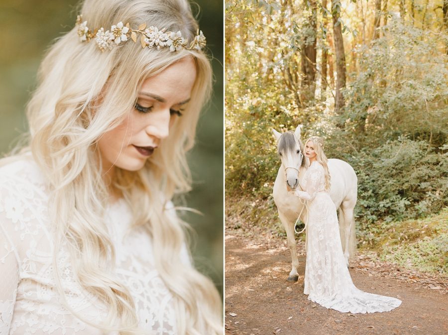 Fairytale bride and white horse in the forest