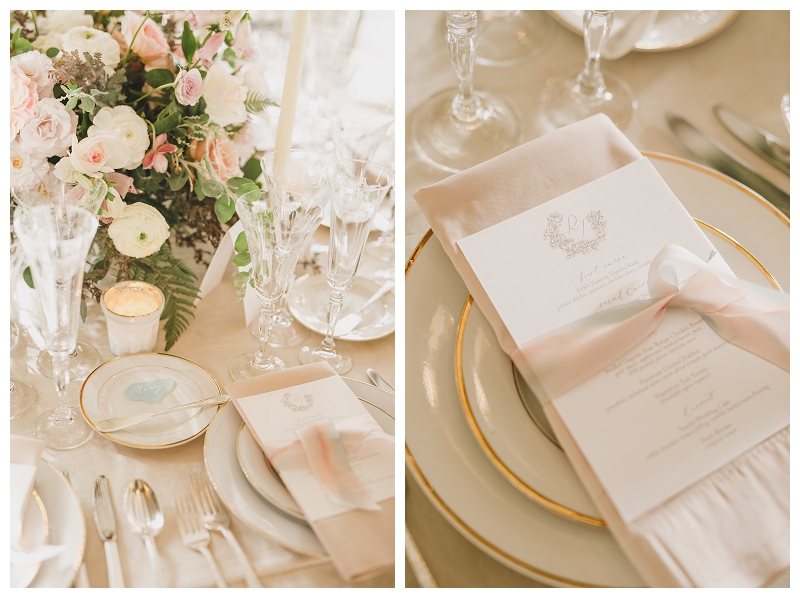 Elegant neutral table setting for wedding reception at San Ysidro Ranch