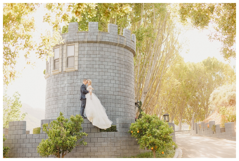 bride and groom portrait on castle walls next to tower at The Enchanted Forest