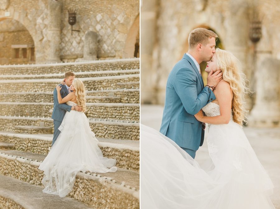 Romantic photo of bride and groom on steps at Altos De Chavon La Romana