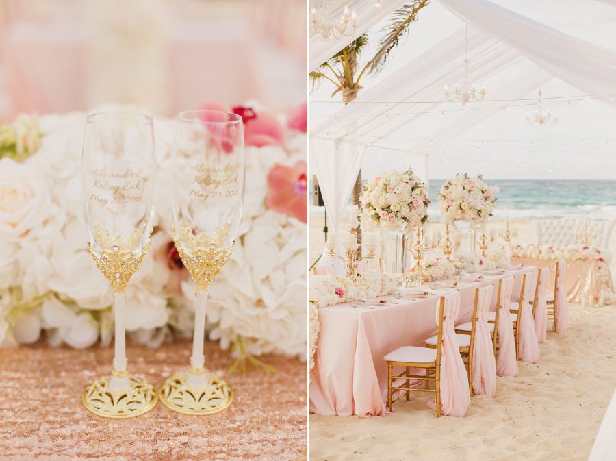 Blush gold and white wedding reception decor on the beach
