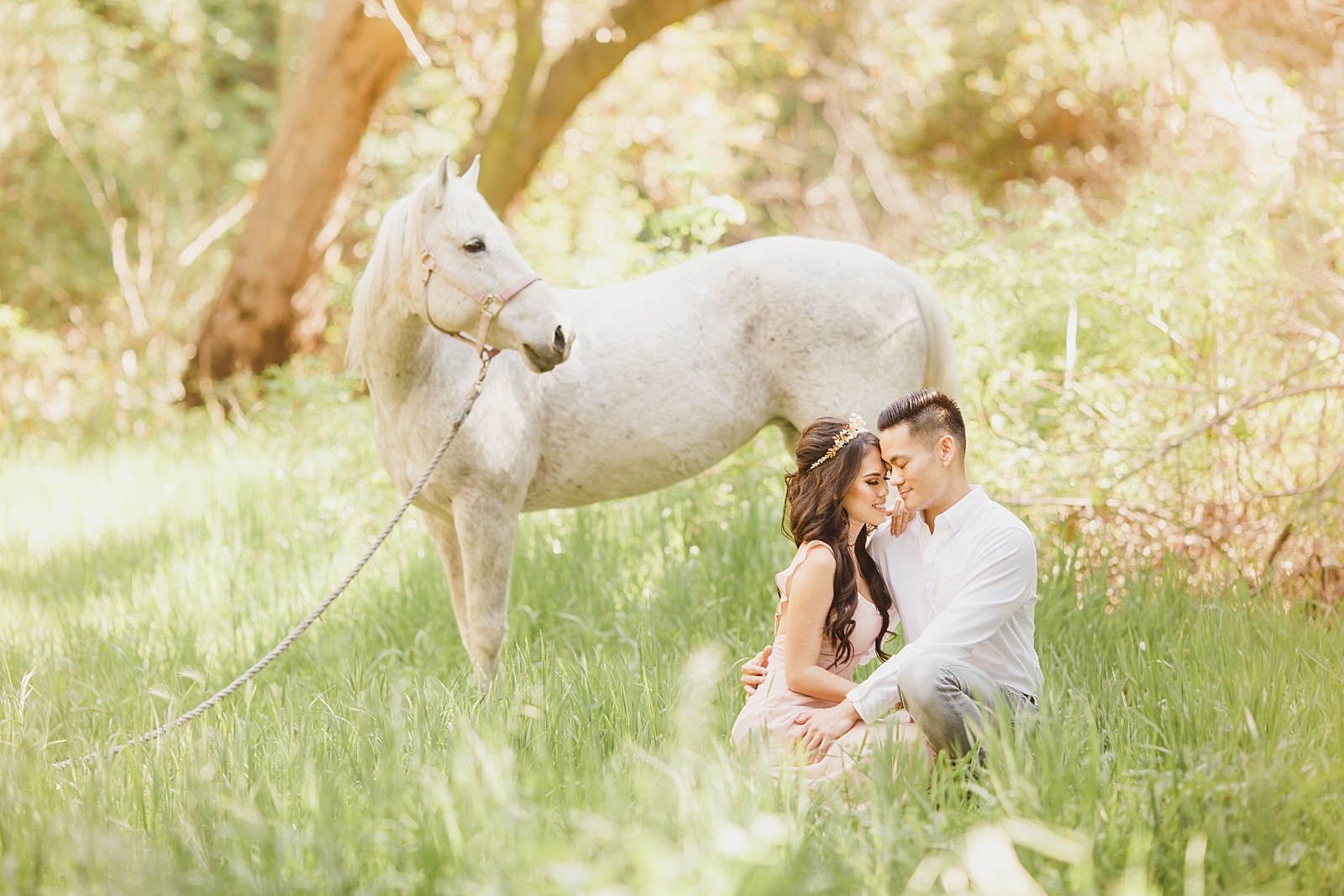 Fairytale engagement photo in a meadow with a white horse