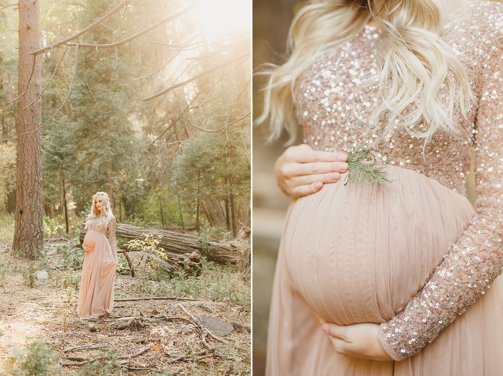 Pink sequin maternity gown for winter forest maternity photos