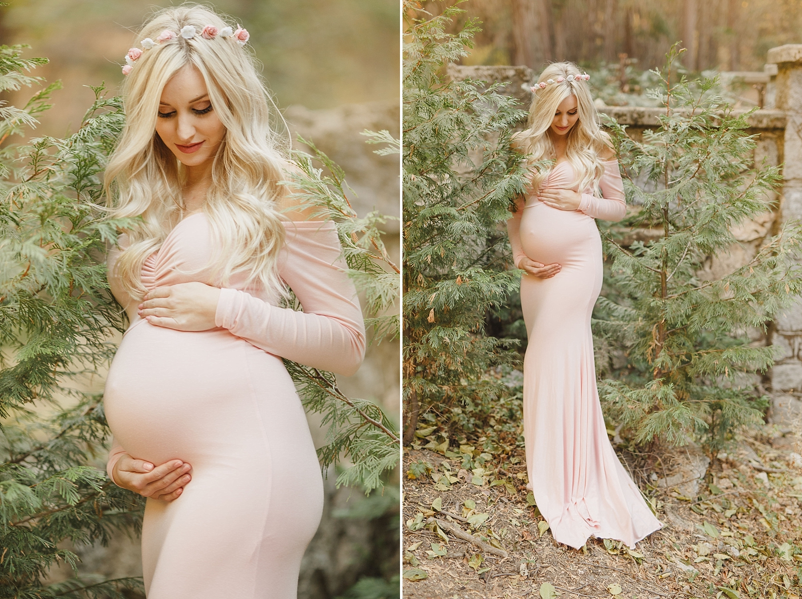 Dreamy winter maternity photos with flower crown