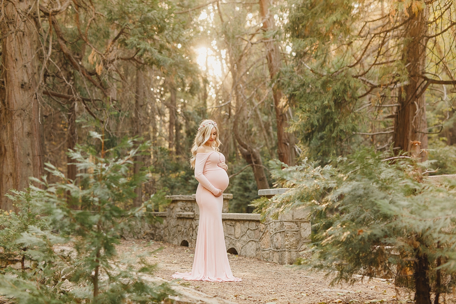 Fairytale forest winter maternity photos in pink gown