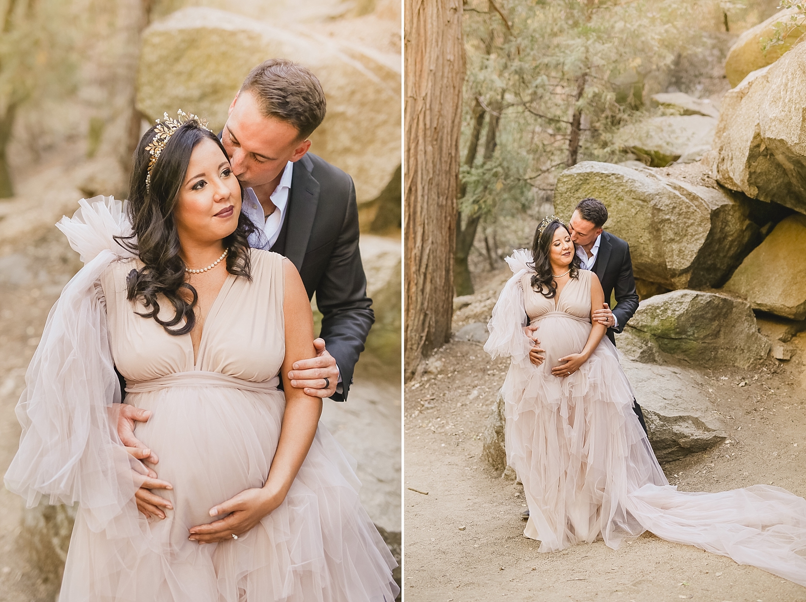 Tulle gown with gold crown stylized maternity photos