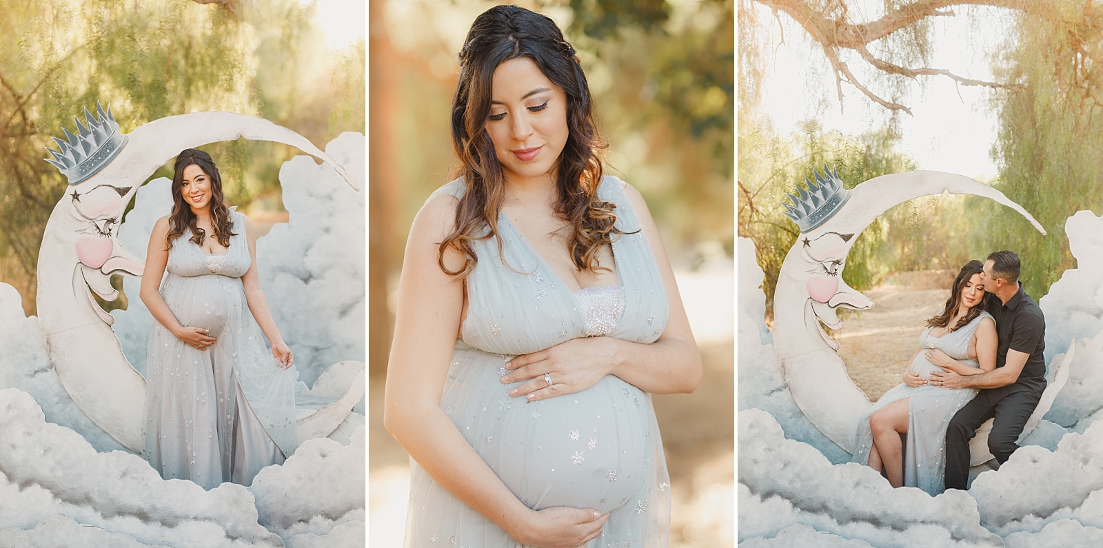 fairytale maternity session with moon backdrop